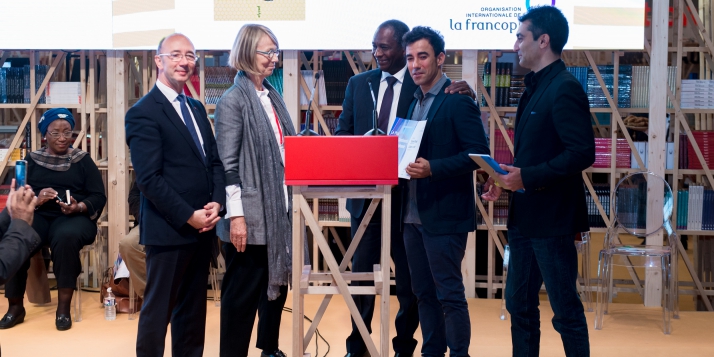 Remise du Prix des Cinq continents à Yamen Manai en présence du Ministre-Président R. Demotte, de la Ministre de la Culture française F. Nyssen et de l'Administrateur de l'OIF A. Ouane - Copyright J. Van Belle - WBI