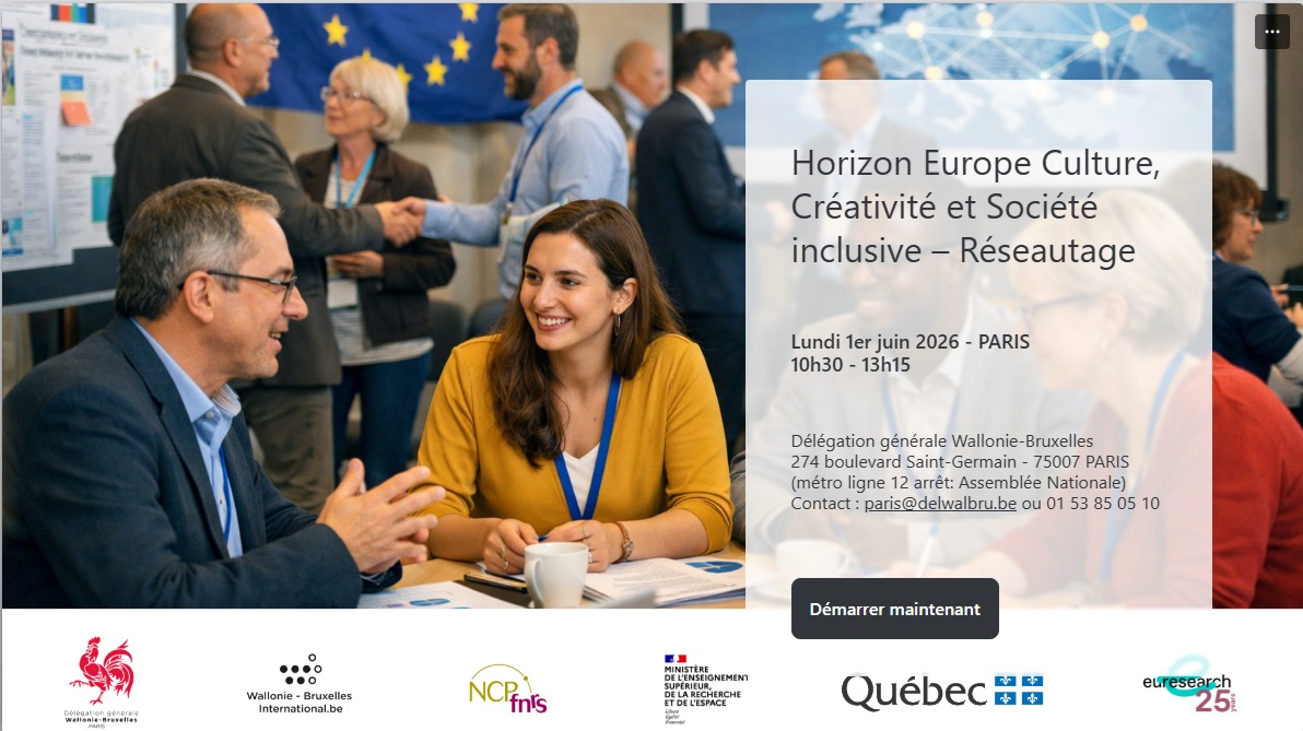 Visuel pour l'événement de réseautage francophone "Horizon Europe Culture, Créativité et Société inclusive"