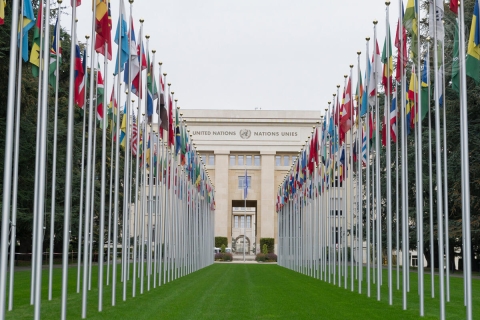 Le Palais de Nations à Genève et sa célèbre allée de drapeaux © UN Photo/Violaine Martin