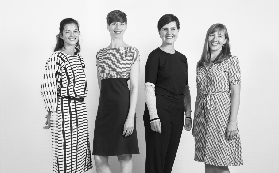 Photo de l’équipe de WBDM : Laure Capitani, coordinatrice, Leslie Lombard, Giorgia Morero et Aline Lermusieaux, chargées de projets © Lydie Nesvadba