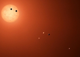 Vue d'artiste du système TRAPPIST-1 où 2 exoplanètes sur 7 transitent devant l'étoile.